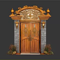 Traditional Chinese Wooden Door With Carved Patterns Ornate Top Lanterns Brick Walls And Decorative Plants