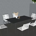 Black Outdoor Table with Six White Chairs Gray Wall Background and Decorative Vase