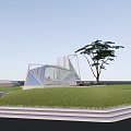 Modern Landscape Pavilion Featuring Geometric Glass Structure Green Lawn Trees And Clear Sky