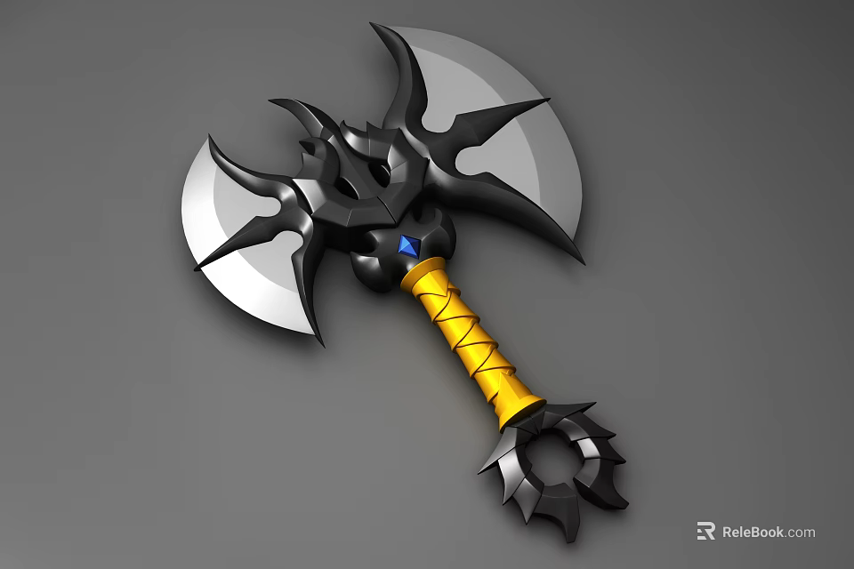 Black Double Bladed Fantasy Axe With Yellow Wrapped Handle Blue Gem And Spiked Base 3d model 