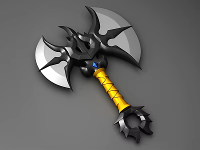 Black Double Bladed Fantasy Axe With Yellow Wrapped Handle Blue Gem And Spiked Base 3d model