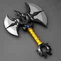 Black Double Bladed Fantasy Axe With Yellow Wrapped Handle Blue Gem And Spiked Base