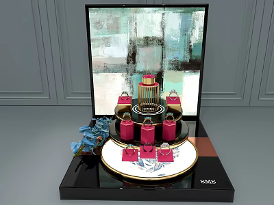 Elegant SINA Display Stand With Pink Bottles Gold Decoration And Blue Flowers 3d model