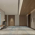 Elevator Lobby Interior With Wooden Walls Elevator Doors Patterned Carpet And Ceiling Lights 3d model