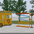 Cheerful Yellow Photo Spot with Food Truck Bus Stop Signpost and Trees in Plaza