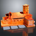 Cartoon Style Orange Building Model Featuring Tower And Multiple Roofs With Structural Details 3d model