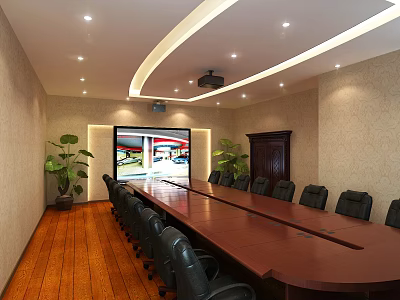 Modern Conference Room With Long Table Black Chairs Large Screen And Green Plants 3d model