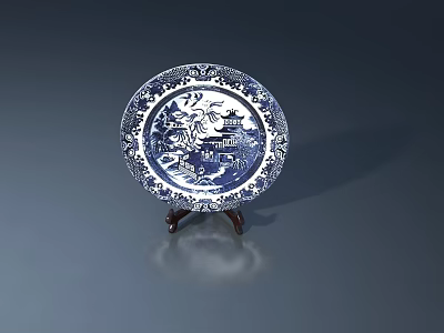 Blue And White Porcelain Plate With Traditional Landscape Pattern On Wooden Stand 3d model