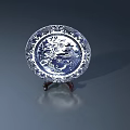 Blue And White Porcelain Plate With Traditional Landscape Pattern On Wooden Stand