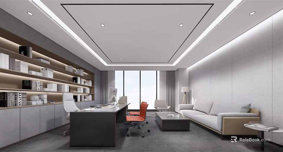 Modern Office Interior Design With Desk Chair Bookshelf Sofa Coffee Table And Large Window 3d model