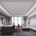 Modern Office Interior Design With Desk Chair Bookshelf Sofa Coffee Table And Large Window 3d model