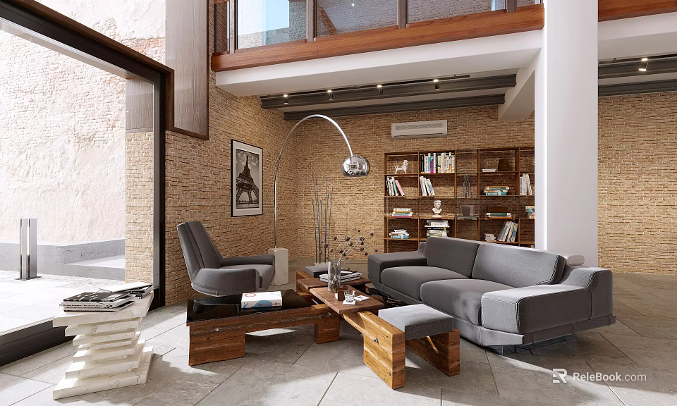 Modern Living Dining Room Interior With Gray Sofa Wooden Coffee Table Brick Wall And Bookshelf 3d model 