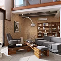 Modern Living Dining Room Interior With Gray Sofa Wooden Coffee Table Brick Wall And Bookshelf