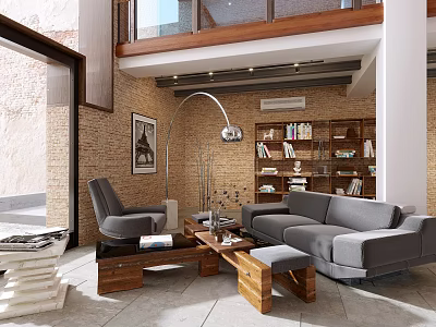 Modern Living Dining Room Interior With Gray Sofa Wooden Coffee Table Brick Wall And Bookshelf 3d model