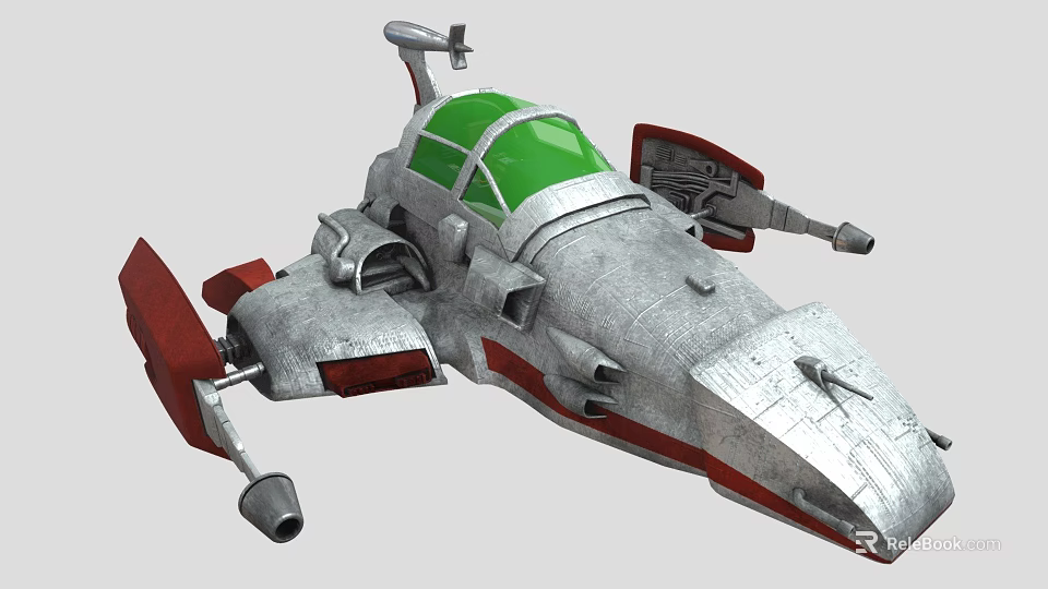 Futuristic Sci Fi Spaceship With Silver Body Green Cockpit And Red Mechanical Wings 3d model 