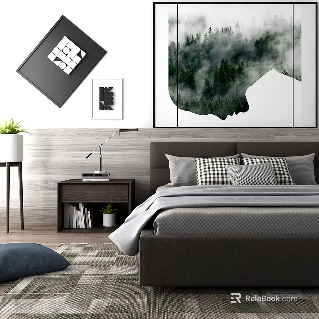 Double Bed with Forest Themed Wall Art Bedside Table Lamp Potted Plant and Throw Pillows 3d model 