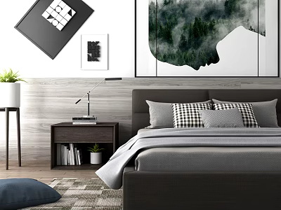 Double Bed with Forest Themed Wall Art Bedside Table Lamp Potted Plant and Throw Pillows 3d model