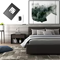 Double Bed with Forest Themed Wall Art Bedside Table Lamp Potted Plant and Throw Pillows