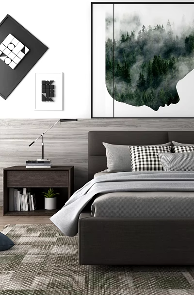 Double Bed with Forest Themed Wall Art Bedside Table Lamp Potted Plant and Throw Pillows 3d model