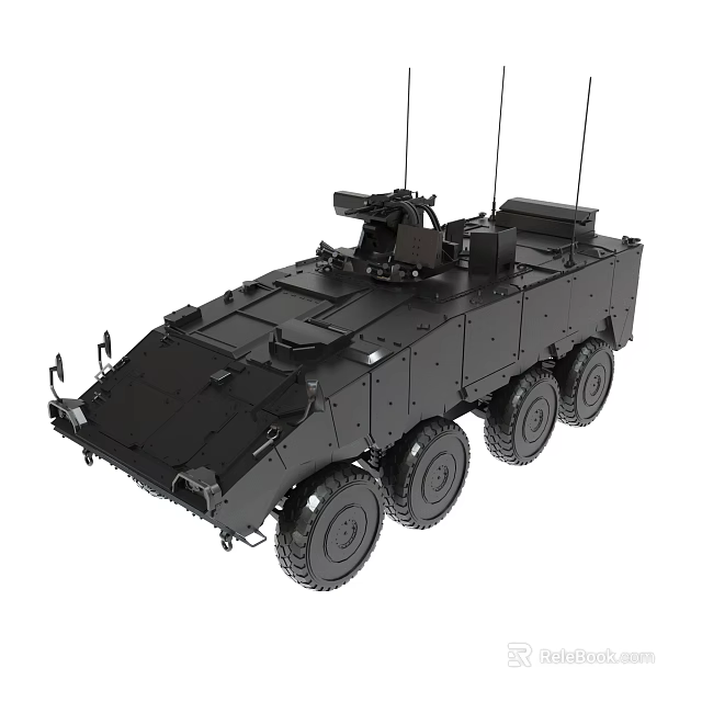 Black Six Wheeled Armored Vehicle With Weapon Mount And Antennas 3d model 