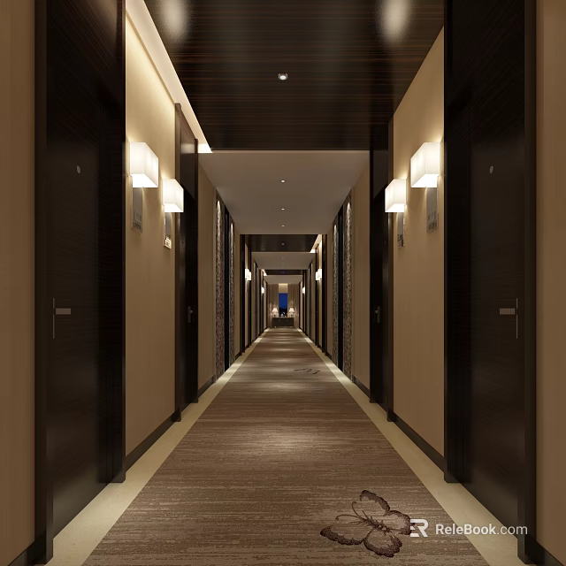 Modern Elevator Hallway With Dark Doors Wall Lights And Carpeted Floor 3d model