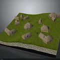 Ancient Village Model Featuring Multiple Thatched Roof Cottages On Green Grassy Area