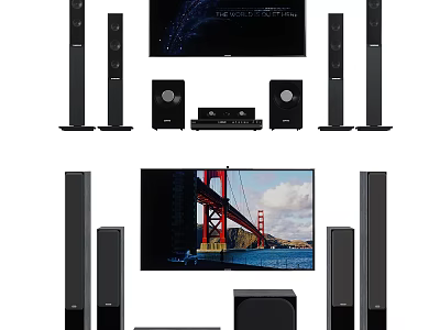Home Theater Audio System With Multiple Black Speakers TV And Subwoofer 3d model
