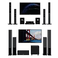 Home Theater Audio System With Multiple Black Speakers TV And Subwoofer