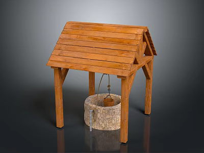 Wooden Well Structure With Sloped Roof Stone Wellhead And Bucket Pulley 3d model