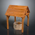 Wooden Well Structure With Sloped Roof Stone Wellhead And Bucket Pulley