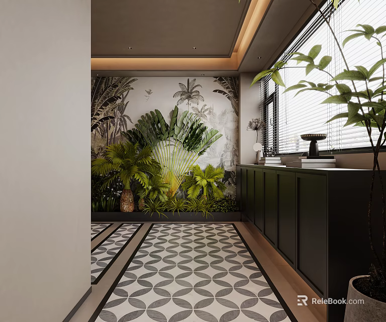 Modern Entryway Hallway With Tropical Plant Wall Art And Geometric Pattern Floor Tiles 3d model 