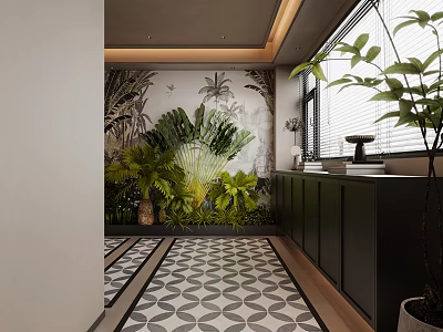Modern Entryway Hallway With Tropical Plant Wall Art And Geometric Pattern Floor Tiles 3d model