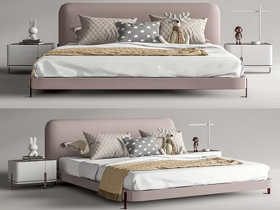 Children's Bed With Pink Headboard Soft Bedding Decorative Pillows Deer Plush And Nightstand 3d model