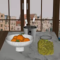 Modern Kitchen Interior With Marble Countertop Black Bowl Oranges Ice Bucket And Glass Jar Nuts
