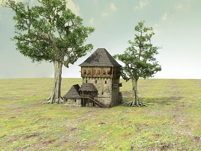Traditional Ancient Stone House With Thatched Roof Surrounded By Big Trees On Green Grassland 3d model