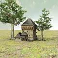 Traditional Ancient Stone House With Thatched Roof Surrounded By Big Trees On Green Grassland