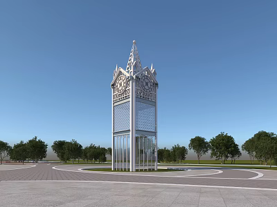 Modern Tower With Lattice Structure Ornate Spire In Open Plaza Green Trees Clear Blue Sky 3d model