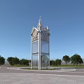 Modern Tower With Lattice Structure Ornate Spire In Open Plaza Green Trees Clear Blue Sky