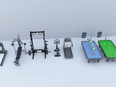 Different Sports Equipment for Fitness Training With Weight Bench Treadmill and Billiards Table 3d model