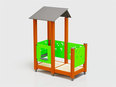 Play Equipment with Gray Roof Orange Pillars Green Fences and Wooden Platform 3d model