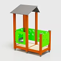 Play Equipment with Gray Roof Orange Pillars Green Fences and Wooden Platform