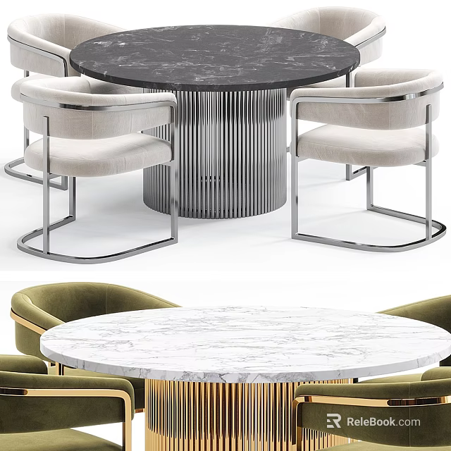 Modern Round Marble Top Dining Table Set with Light Green Chairs and Striped Gold Legs 3d model 