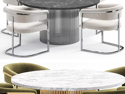 Modern Round Marble Top Dining Table Set with Light Green Chairs and Striped Gold Legs 3d model