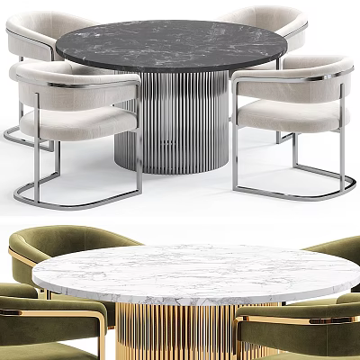 Modern Round Marble Top Dining Table Set with Light Green Chairs and Striped Gold Legs 3d model