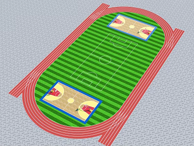 Sports Track Facility On Green Grass Field With Sand Pits Design 3d model