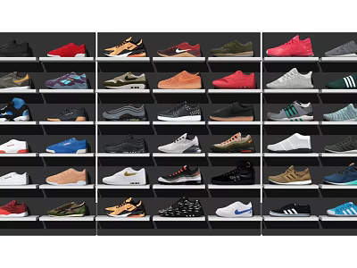 Various Style Shoes In Different Colors Neatly Arranged On Display Shelves 3d model