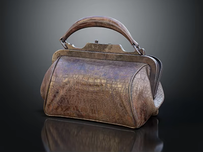 Vintage Brown Crocodile Texture Handbag With Wooden Handle And Metal Clasp Design 3d model