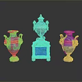 Three Blue Sculpture Carvings With Golden Decorations And Intricate Patterns On Base