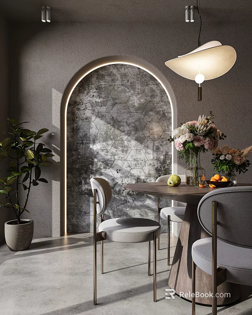 Elegant Restaurant Interior With Archway Hexagonal Tile Wall Wooden Table And Fresh Flowers 3d model 