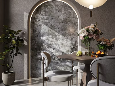 Elegant Restaurant Interior With Archway Hexagonal Tile Wall Wooden Table And Fresh Flowers 3d model